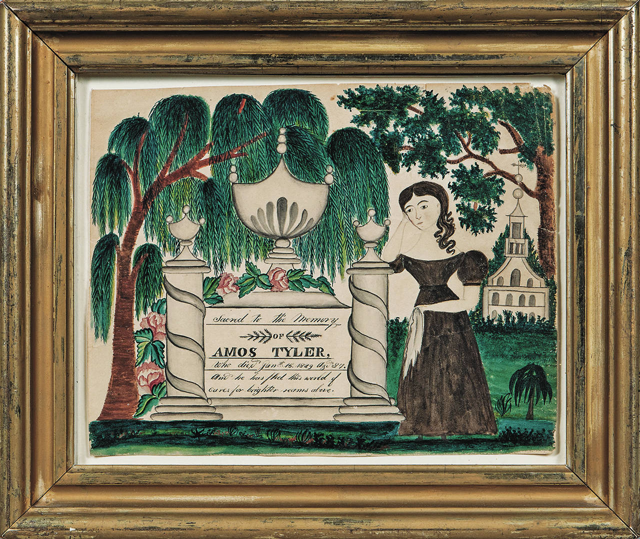 This watercolor is a mourning picture made about 1830. It is in a 7-by-9-inch frame. The picture sold for more than $22,000. (Cowles Syndicate Inc.)
