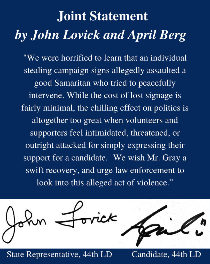 Statement from April Berg and John Lovick from Berg’s Facebook page.
