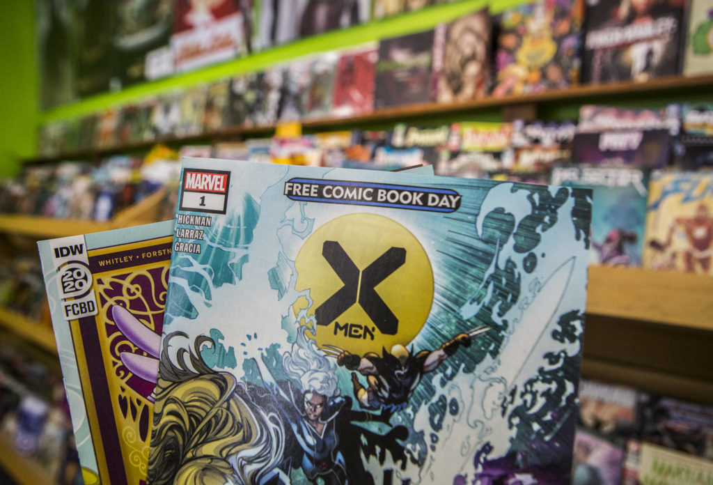A selection of comics available for Free Comic Book Summer on July 16 at Everett Comics. The blockbuster annual event that was Free Comic Book Day was changed this year due to the pandemic and now spans two months. (Olivia Vanni / The Herald)
