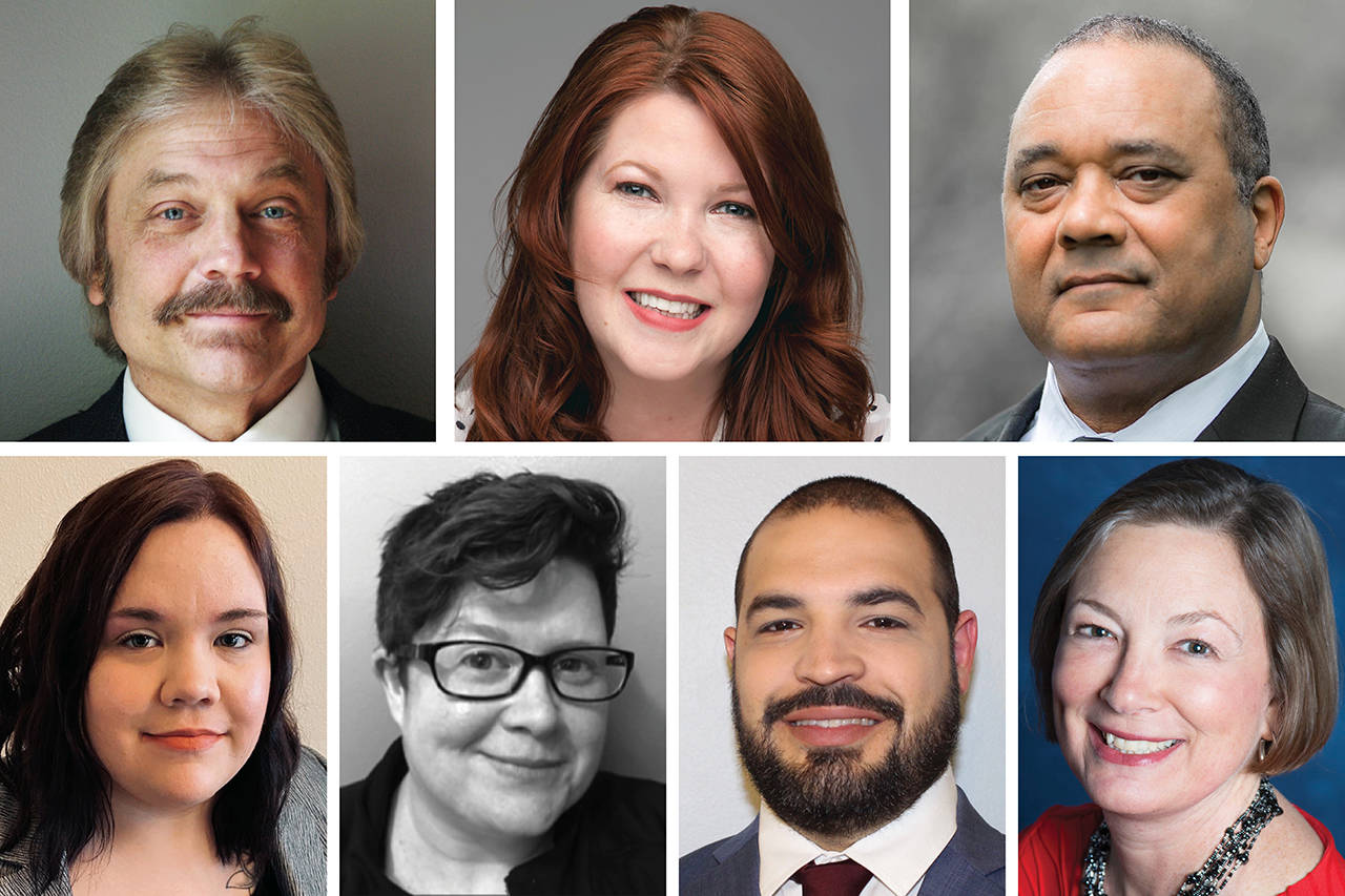 Top row, from left: Bert Johnson, Emily Wicks, Bernard Moody. Bottom row: Lacey Sauvageau, Kelly M. Fox, Jorge Garrido, June Robinson.