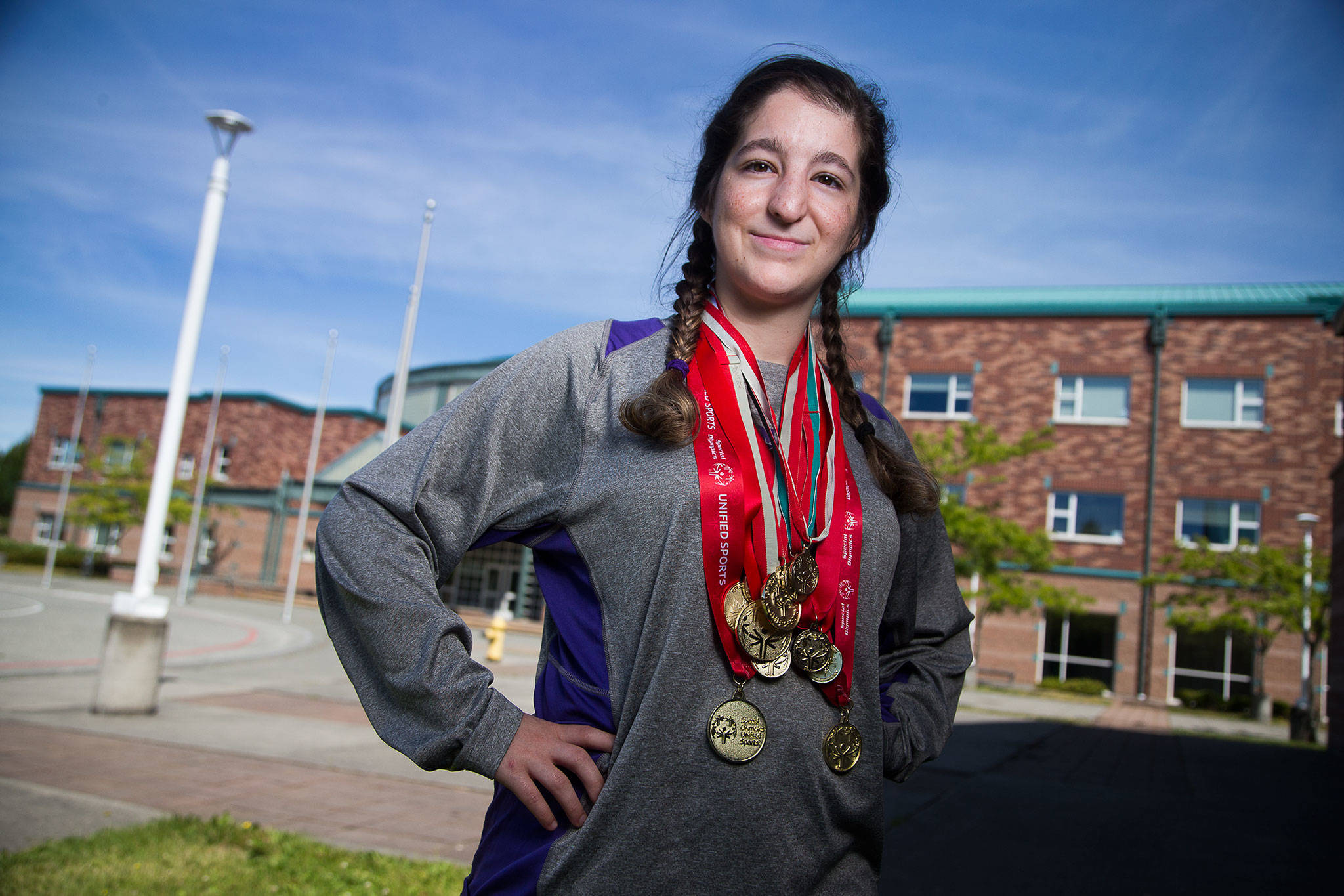 Kamiak unified sports athlete Rachel Powell competed in bowling, basketball and multiple track and field events. (Andy Bronson / The Herald)