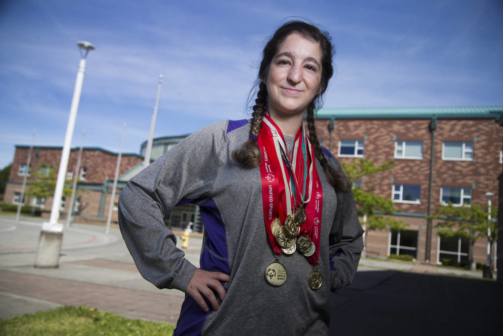 Kamiak unified sports athlete Rachel Powell competed in bowling, basketball and multiple track and field events. (Andy Bronson / The Herald)
