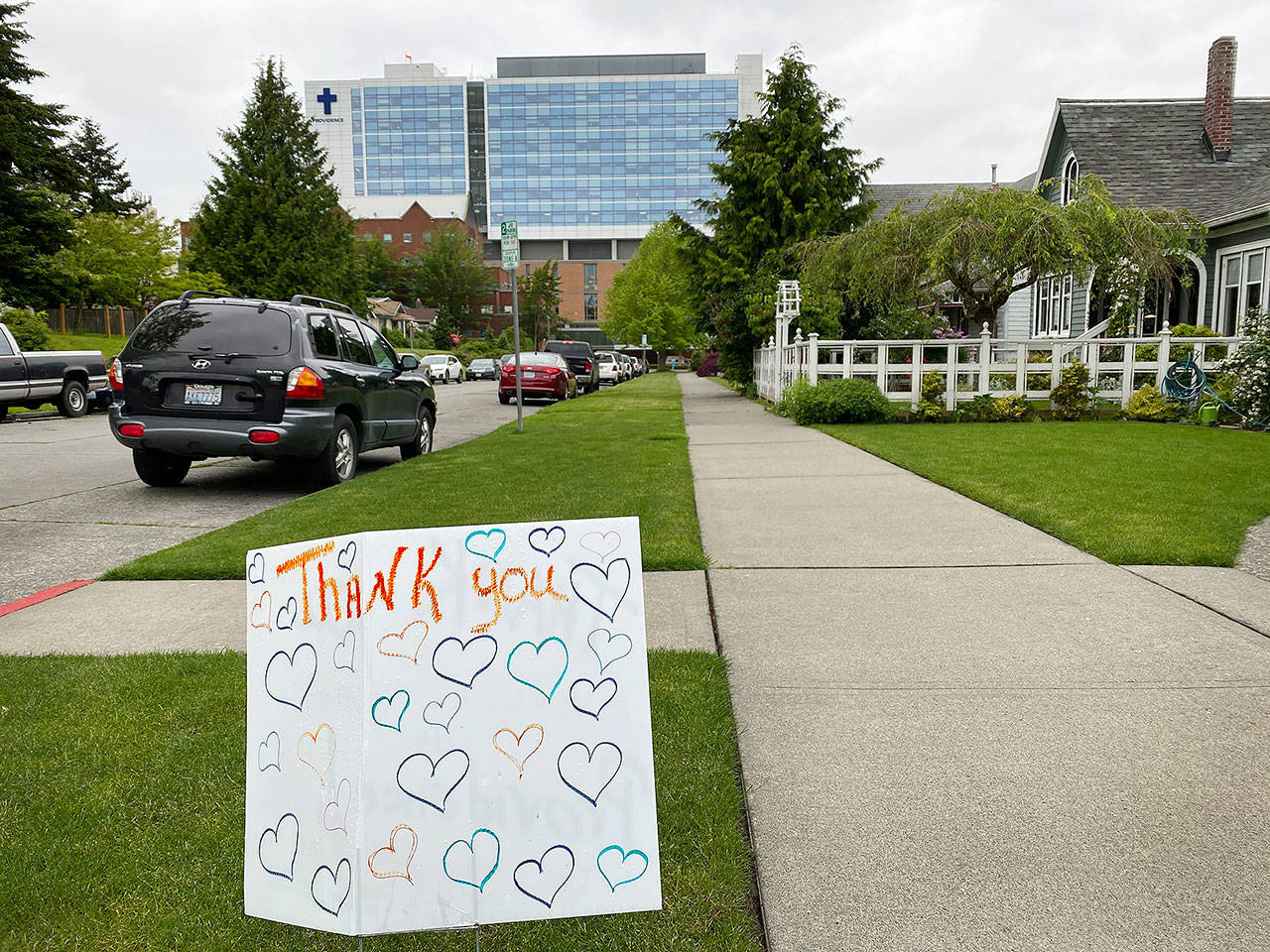 A “thank you” sign is seen near Providence Regional Medical Center Everett, where COVID-19 patients’ test results are available in about an hour. (Sue Misao / The Herald)