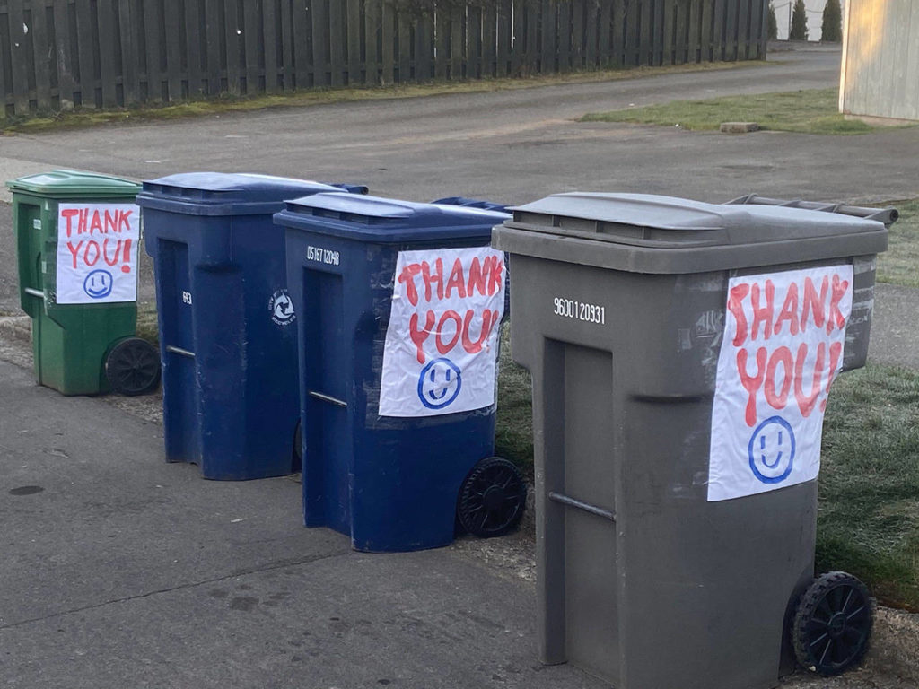 Handwritten notes like these thanking Waste Management drivers has helped to keep their spirits up in Snohomish County during the COVID-19 crisis. (Waste Management)
