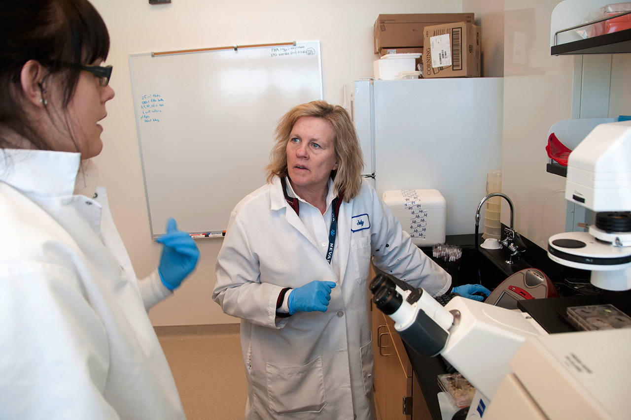 Director of research Judy Mikovits talks to a graduate student and research associate in the lab at the Whittemore Peterson Institute for Neuro-Immune Disease, in Reno, Nev., in February 2011. Tech companies scrambled to take down a 26-minute documentary-style video called “Plandemic” of Mikovits promoting a string of questionable, false and potentially dangerous coronavirus theories. (David Calvert / Associated Press file photo)