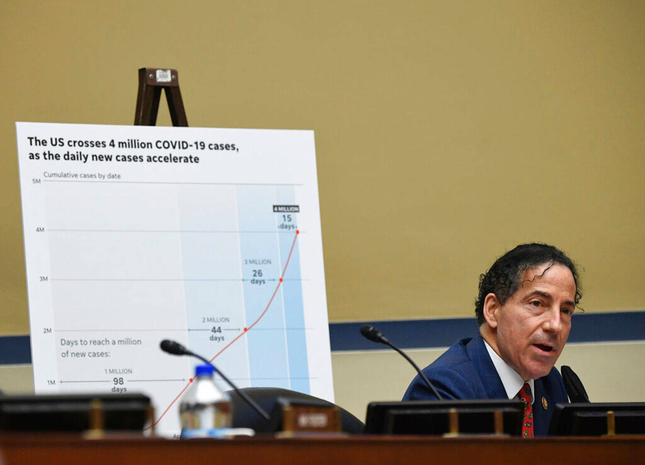 Rep. Jamie Raskin, D-Md., listens to testimony during a House Subcommittee hearing on the Coronavirus crisis, Friday, on Capitol Hill in Washington, D.C. (Kevin Dietsch / Associated Press)