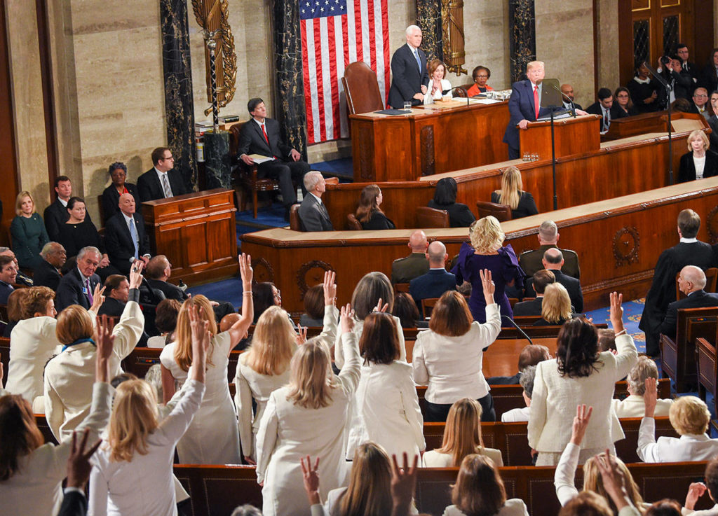 Democratic female lawmakers wear suffragist white to President Trump’s State of the Union address earlier this year. (Toni L. Sandys / The Washington Post)
