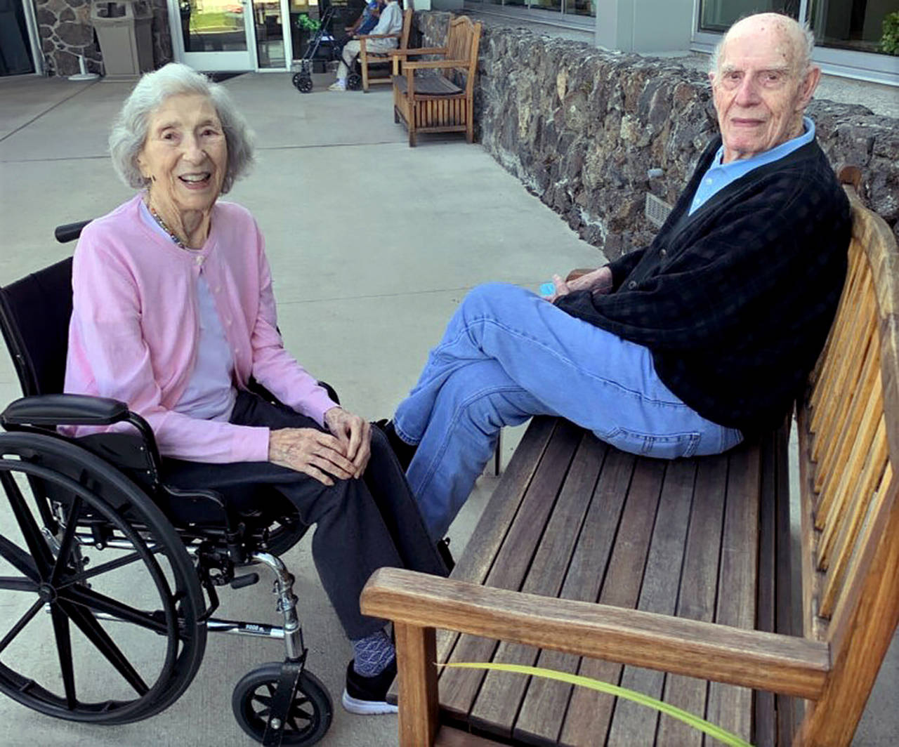 Julie Muhlstein’s parents, Jeanne Ahrens, 98, and Richard Ahrens, 97, earlier this year — before the coronavirus halted visits to a Spokane care facility. (Family photo)