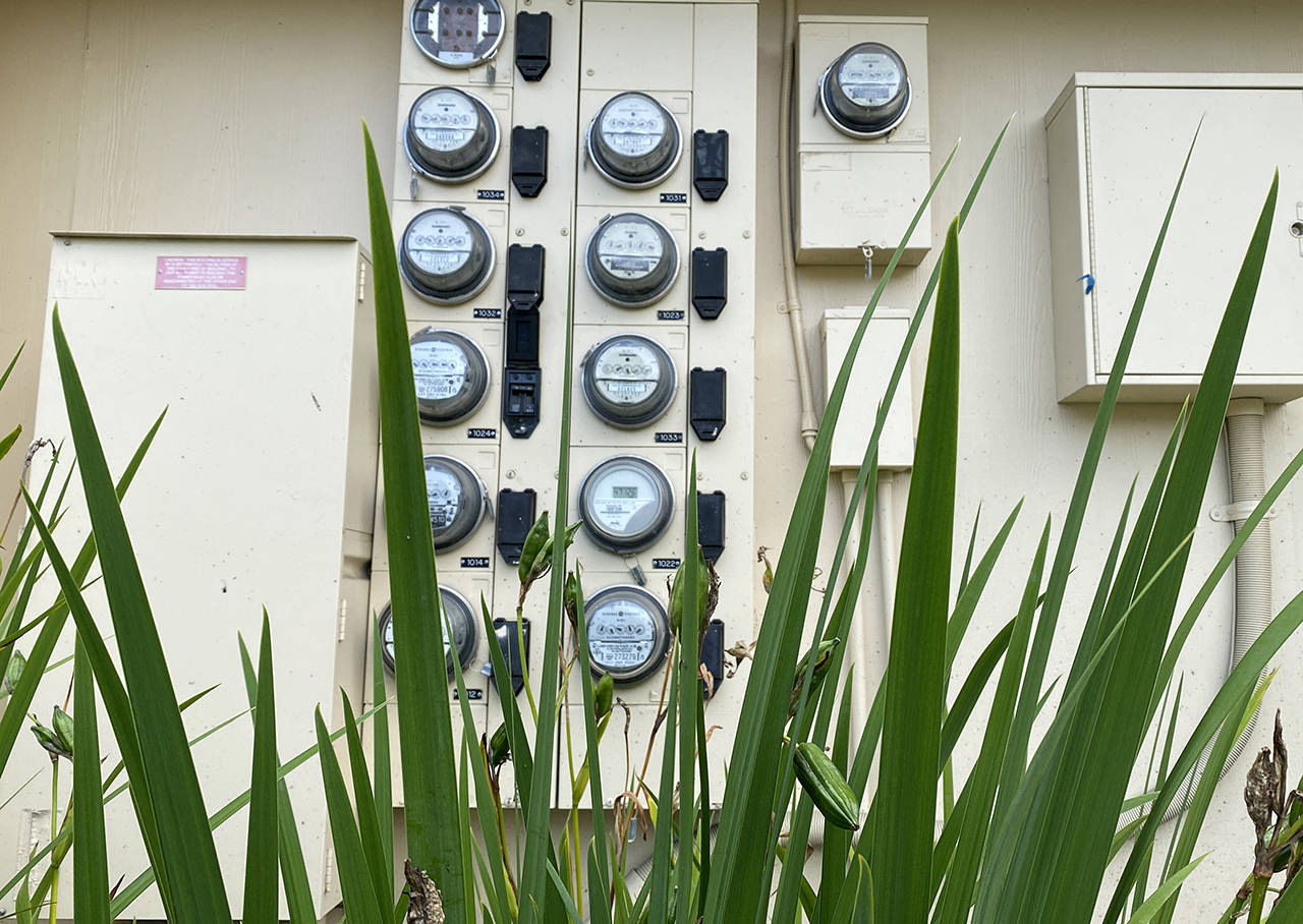 The days of PUD workers traversing backyards to reach household meters, such as these at an apartment complex in Everett, will soon be over. (Sue Misao / The Herald)