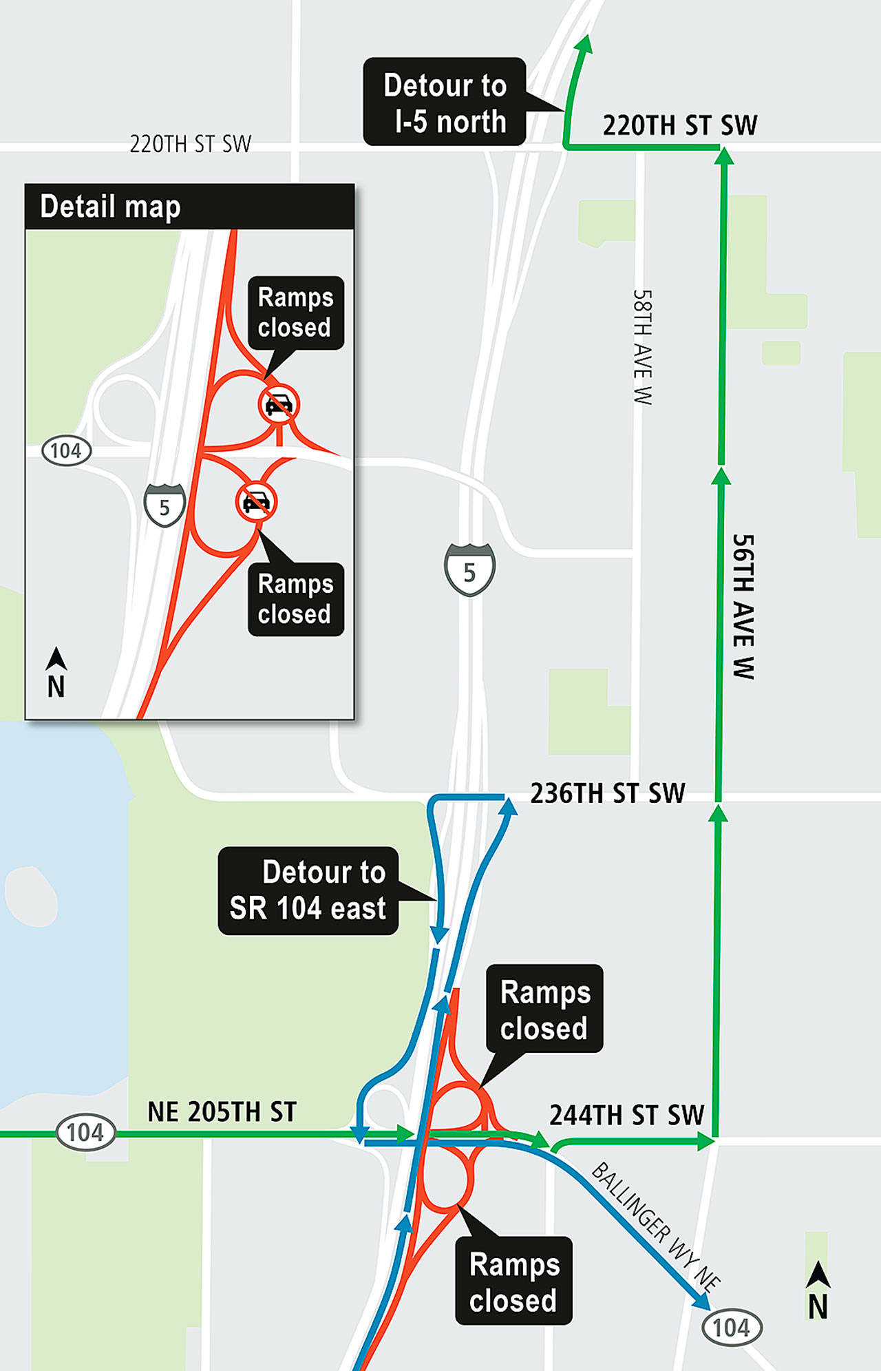 Drivers can expect delays if theyre taking Highway 104 overnight this week. Several ramps connecting I-5 and the highway are set for closures so crews can work on infrastructure for the Sound Transit light rail track. (Sound Transit)