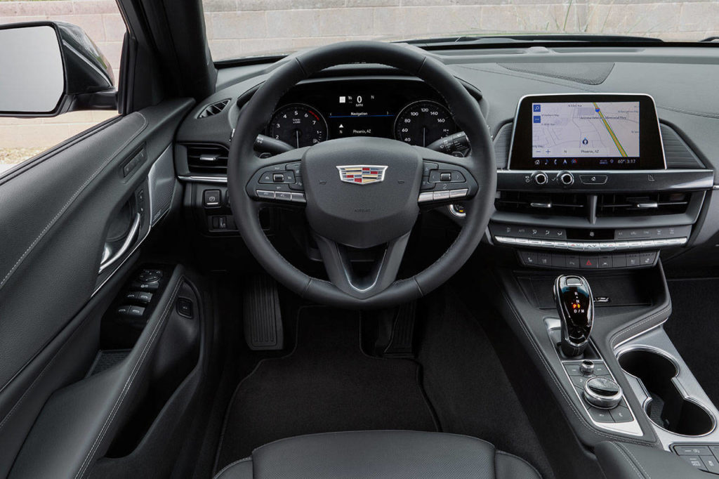 An infotainment system with 8-inch display is standard on every 2020 Cadillac CT4. The Premium Luxury model’s interior is shown here. (Manufacturer photo)
