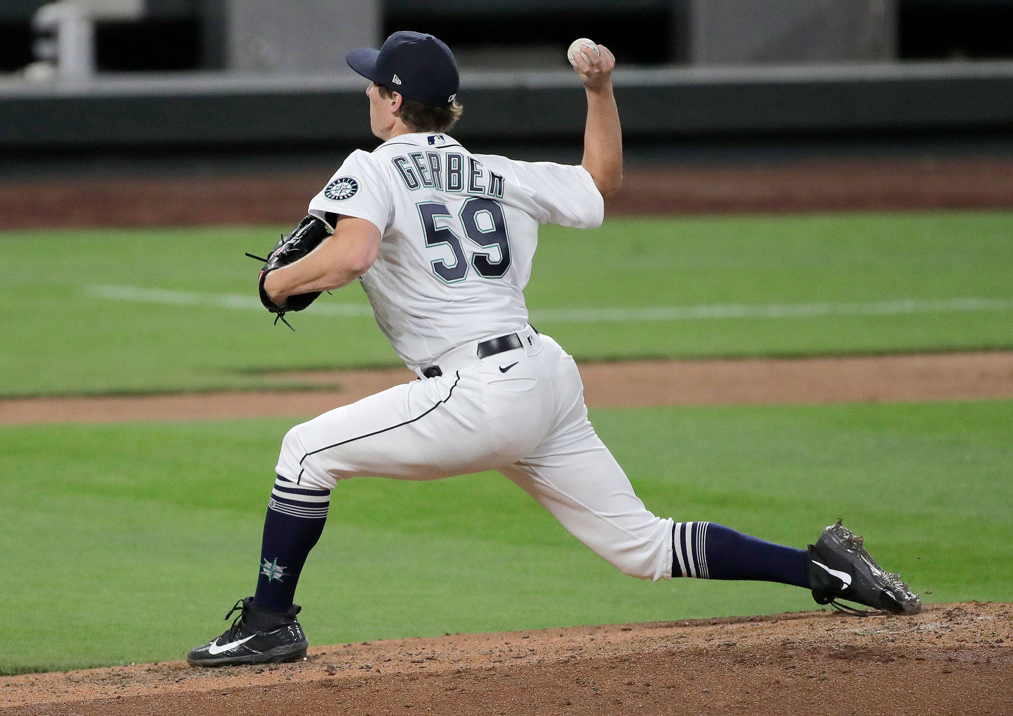 Mariners pitcher Joey Gerber throws to an Angels batter during the sixth inning of a game Aug. 4, 2020, in Seattle. (AP Photo/Ted S. Warren)