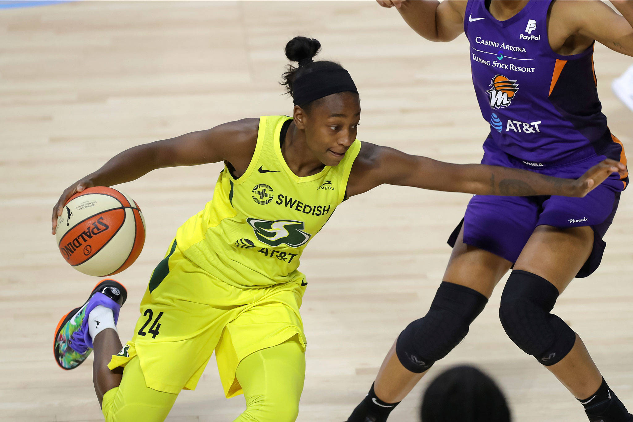 The Storm’s Jewell Loyd drives past the Mercury defense during the second half of a WNBA game Aug. 8, 2020, in Bradenton, Fla. (AP Photo/Mike Carlson)