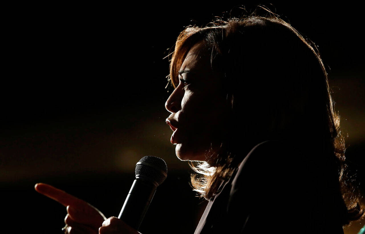 Sen. Kamala Harris, D-Calif., speaks at an SEIU event before the 2019 California Democratic Party State Organizing Convention in San Francisco in June, 2019. Harris is only the second Black woman to serve in the Senate, and in 2020, a prominent contender for the vice-presidential ticket. (Jeff Chiu / Associated Press file photo)