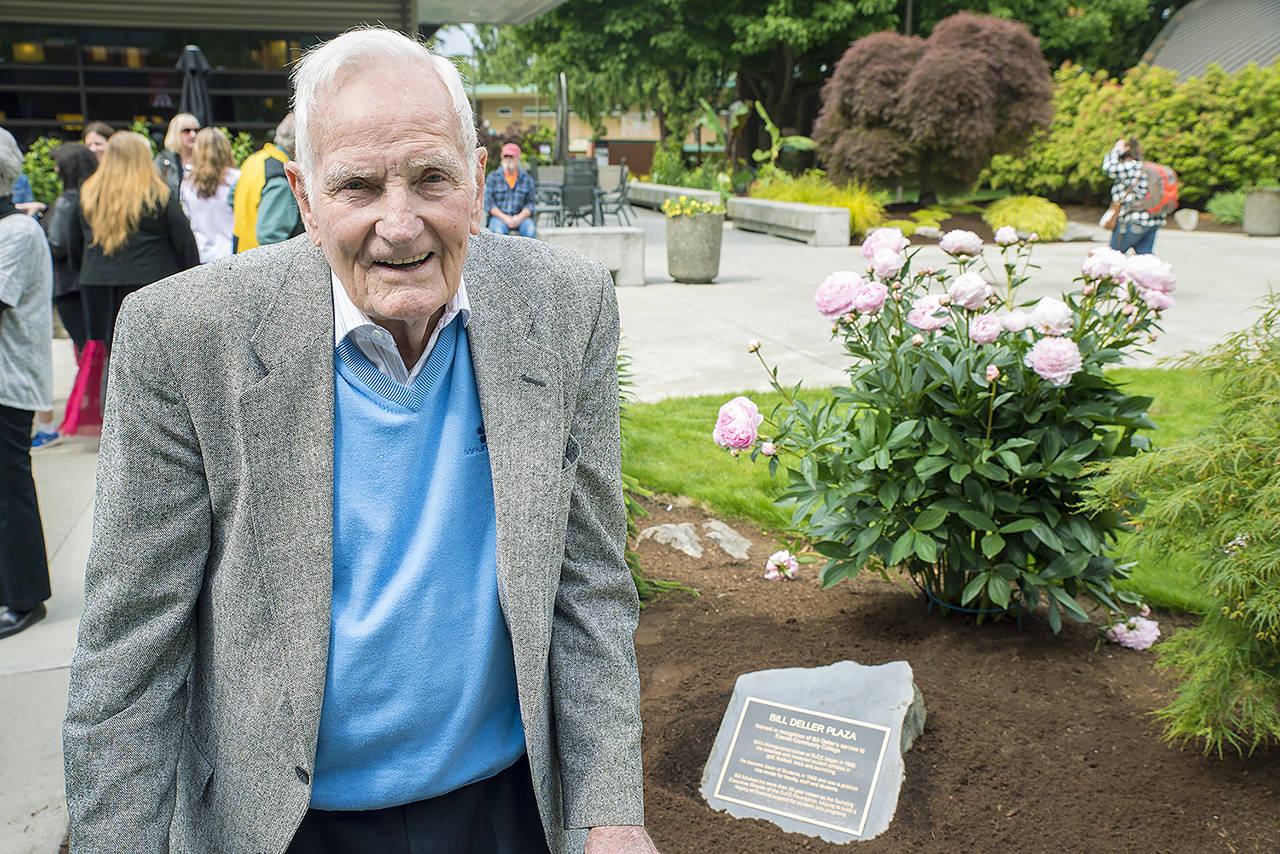 Former EvCC Dean of Students Bill Deller, who worked for the college for more than 50 years, at the dedication of Bill Deller Plaza in 2016. Deller died on Sunday. (Everett Community College)
