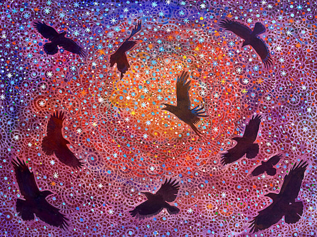 Each of Alfredo Arreguín’s paintings, such as “Aurora” shown here, is comprised of intricate and colorful motifs that either hide or reveal the larger picture.
