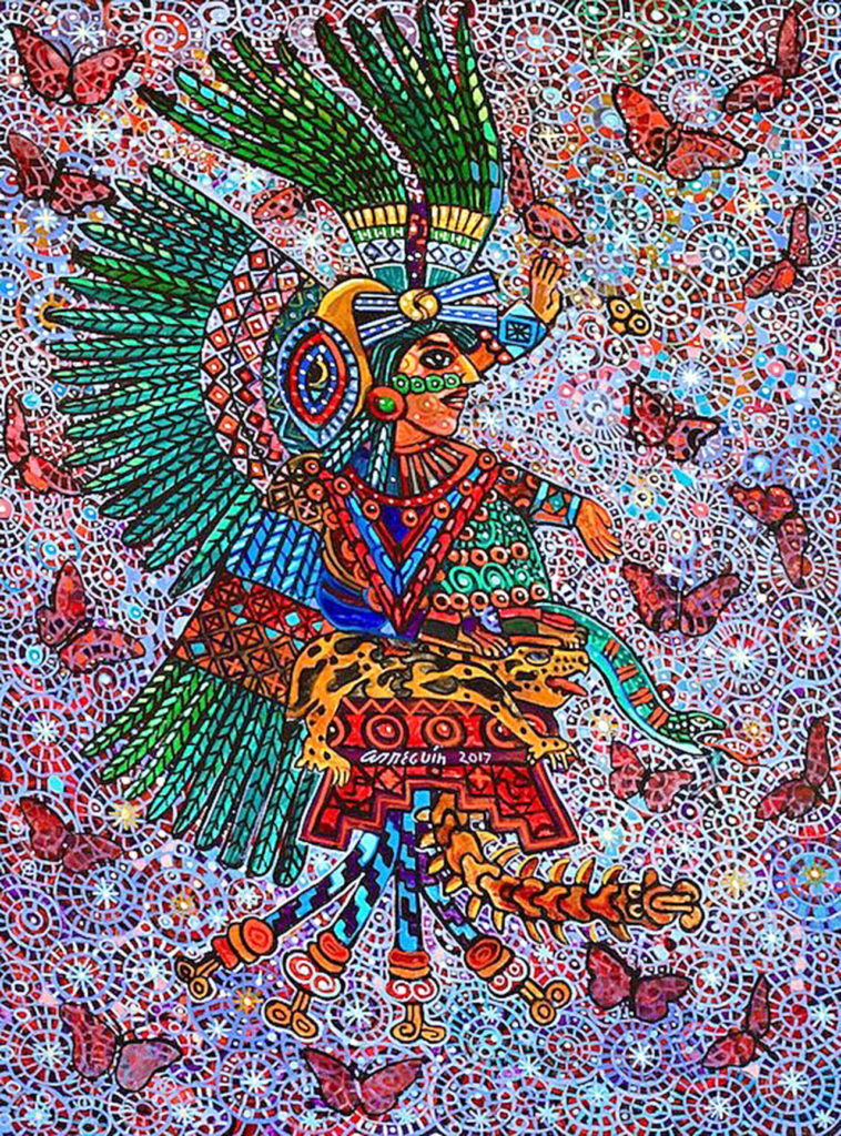 Rob Schouten Gallery’s “New Paintings” exhibit features Alfredo Arreguín’s latest work, including “Xochiquetzal,” on display in August in Langley.
