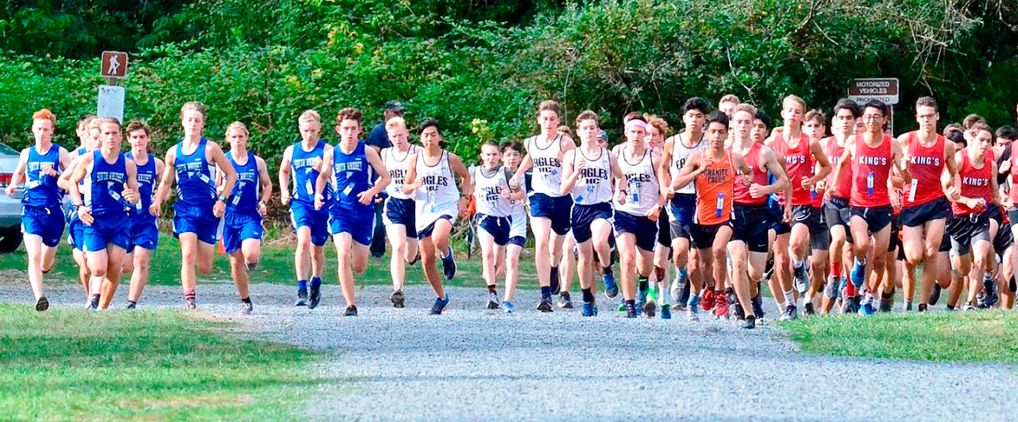 The South Whidbey High School boys cross country team (in blue) competes in a postseason meet last fall. The Falcons will have to wait until the spring to compete this school year. (Whidbey News-Times file)