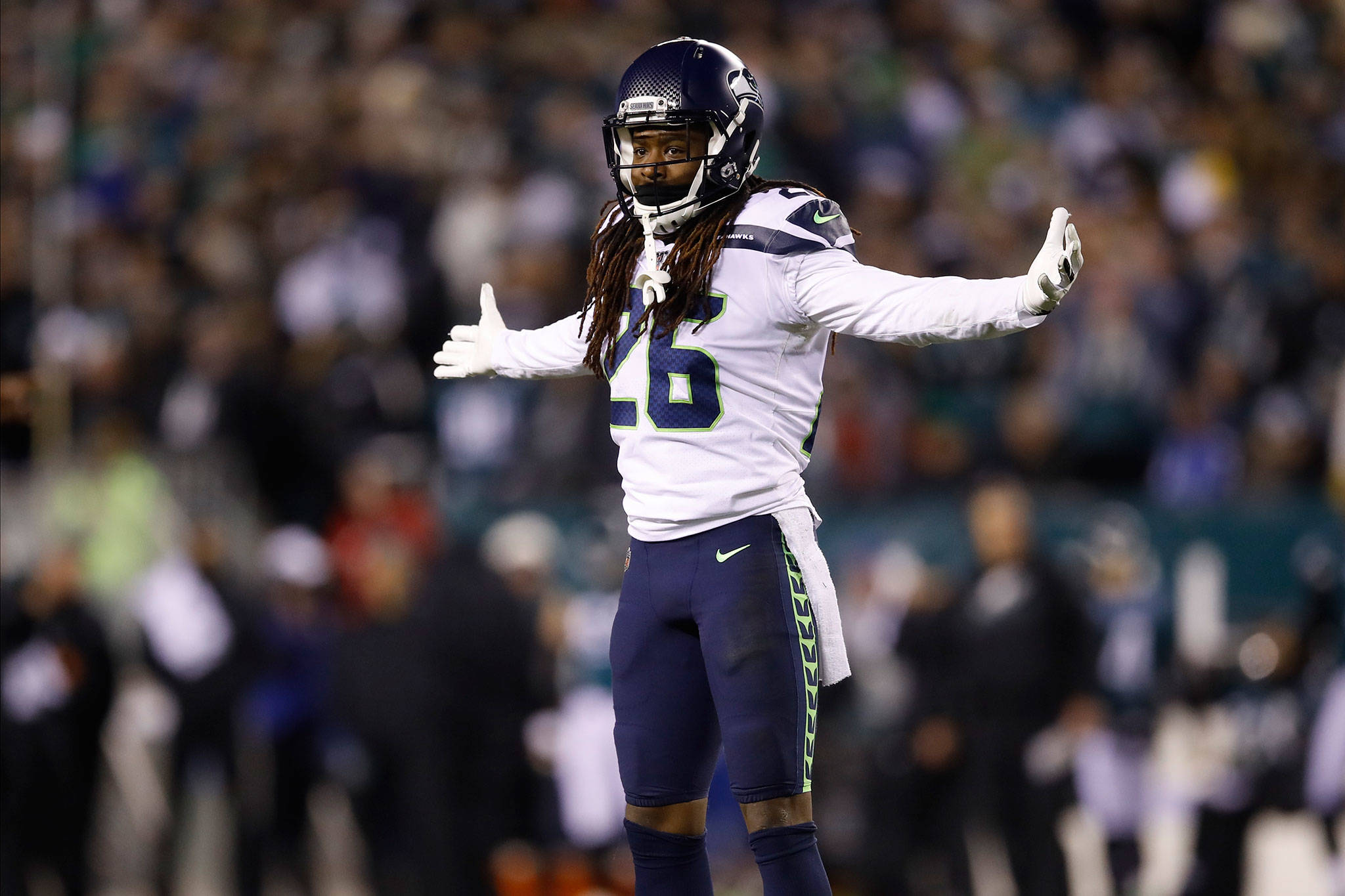 Seahawks cornerback Shaquill Griffin reacts during the second half of a wild-card playoff game against the Eagles on Jan. 5, 2020, in Philadelphia. (AP Photo/Matt Rourke)