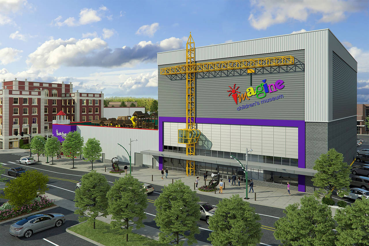 A rendering of the planned four-floor expansion of the Imagine Children’s Museum. The museum hopes to begin construction on the 47,000-square-foot project, in the parking lot south of its current downtown Everett site, in early 2021. (Imagine Children’s Museum)