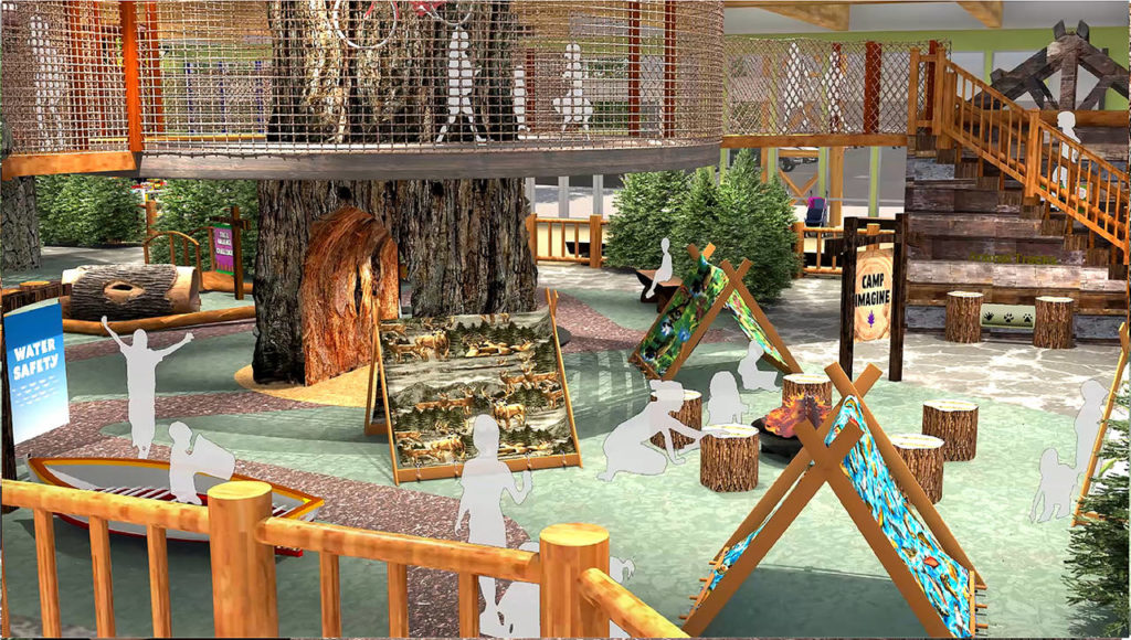 An artist’s rendering shows features planned for the first floor of an expansion of the Imagine Children’s Museum. The area will include a representation of the old bicycle tree in Snohomish and an outdoorsy Camp Imagine. (Imagine Children’s Museum)

