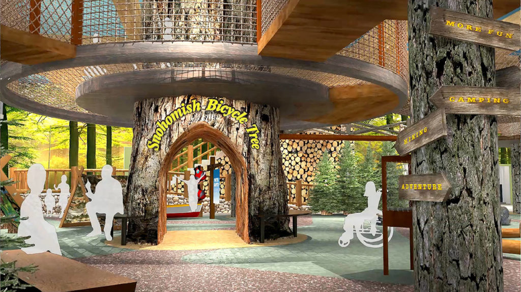 An artist’s rendering shows features planned for the first floor of an expansion of the Imagine Children’s Museum. The area will include a representation of the old bicycle tree in Snohomish and an outdoorsy Camp Imagine. (Imagine Children’s Museum)
