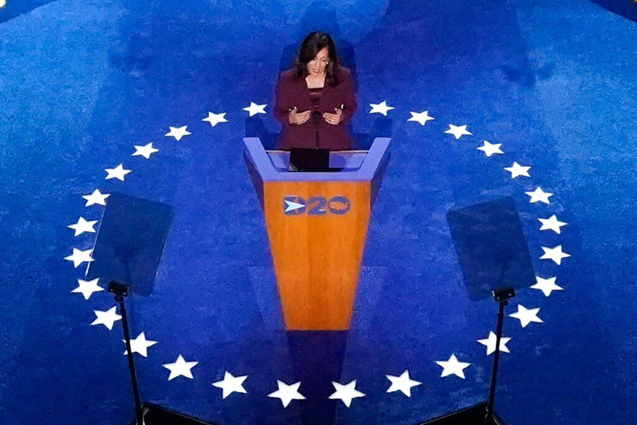 Democratic vice presidential candidate Sen. Kamala Harris, D-Calif., speaks during the third day of the Democratic National Convention, Wednesday, Aug. 19, 2020, at the Chase Center in Wilmington, Del. (Carolyn Kaster / Associated Press)