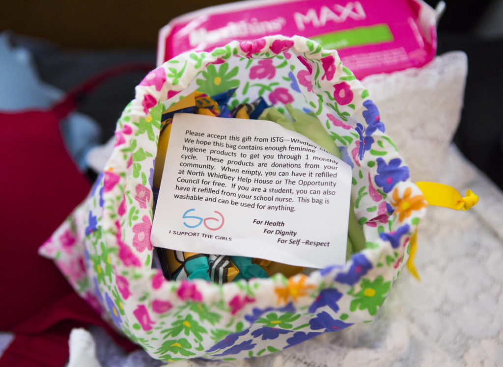 A “period pack” of menstrual items includes everything needed for a monthly cycle. (Olivia Vanni / The Herald)
