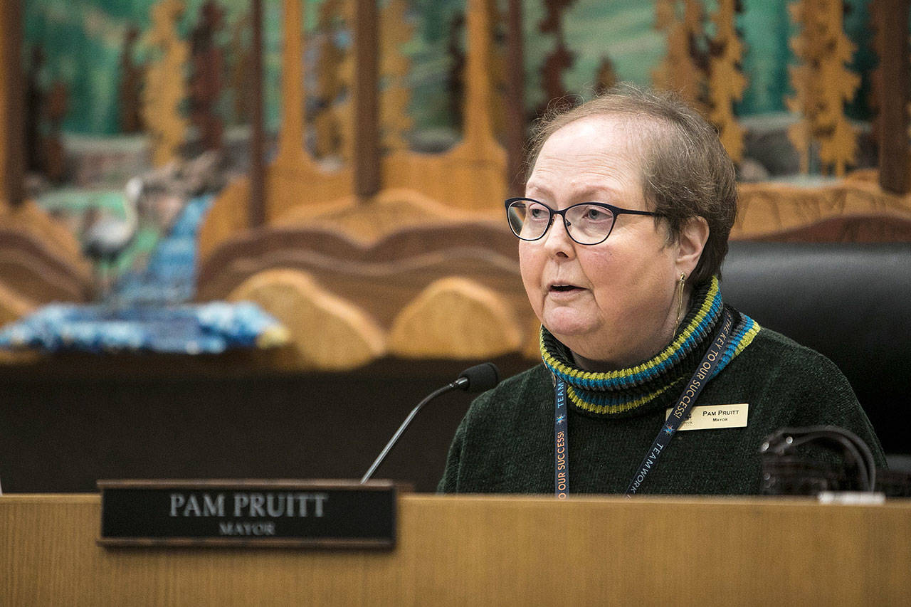 Mill Creek Mayor Pam Pruitt at a city council meeting in 2018. She resigned Monday after more than six years in the job. (Lizz Giordano / The Herald)