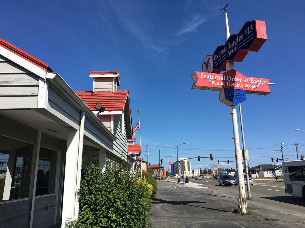 Everett Community College is buying 1216 Broadway, the site of Everett’s Fraternal Order of Eagles. The college plans to use it as parking and could become instructional space. (Ben Watanabe / The Herald)
