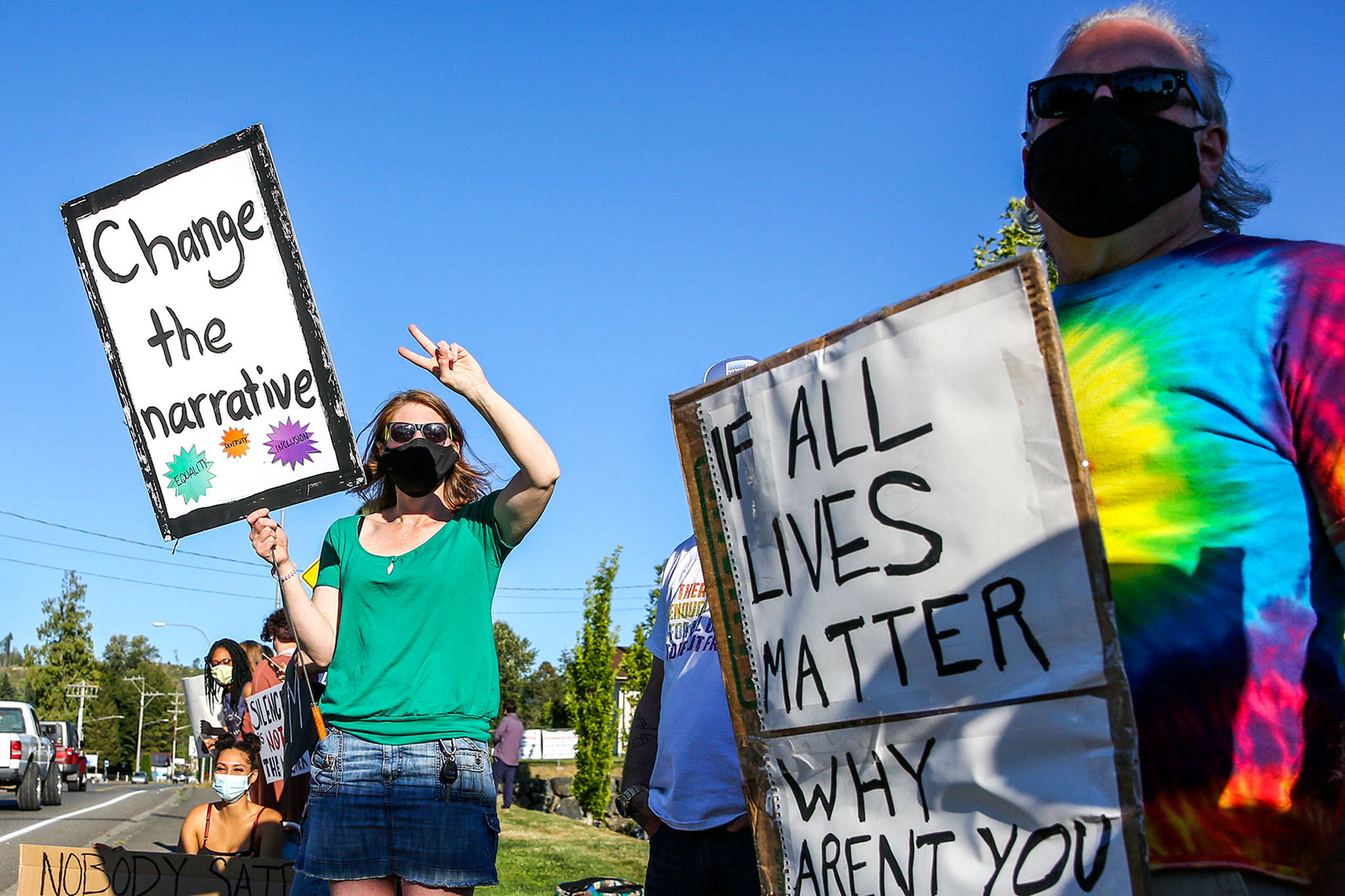 People gather during the Change the Narrative rally in Granite Falls Friday evening on August 28, 2020. (Kevin Clark / The Herald)