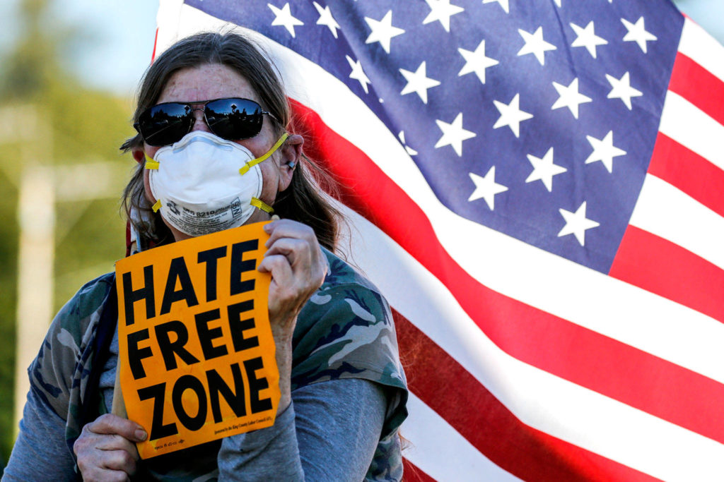 Rene Koshe at the Change the Narrative rally in Granite Falls Friday evening on August 28, 2020. (Kevin Clark / The Herald)
