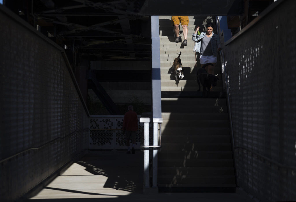 The Grand Avenue Park Bridge opens for public use on Wednesday in Everett. (Andy Bronson / The Herald)
