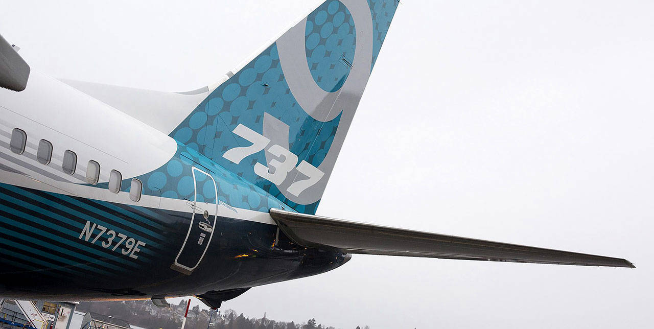 The tail of a Boeing 737 Max 9 jetliner at the company’s manufacturing facility in Renton in 2017. (David Ryder/Bloomberg)