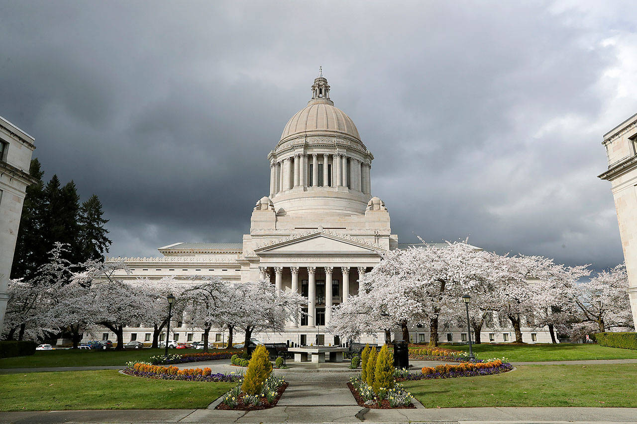 Cherry trees bloom next to the Capitol building in Olympia in March. Even once Washington’s economy fully reopens following the coronavirus outbreak, the effect on state revenues is expected to be felt for months and maybe years to come. (Elaine Thompson / Associated Press file)