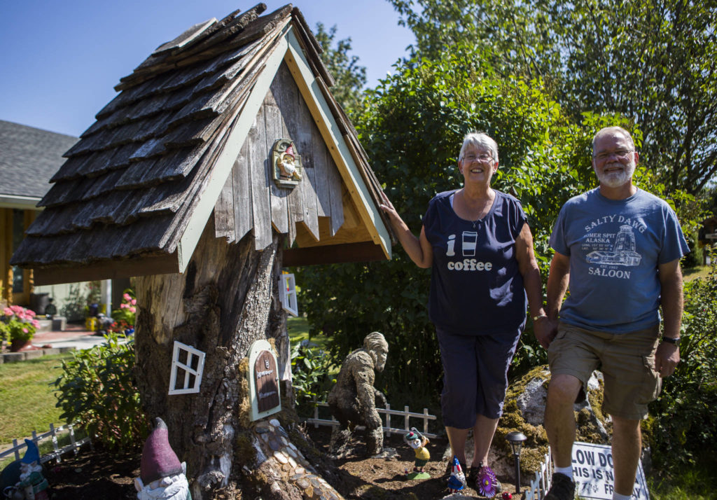 Debbie and Ed Cogswell built their gnome home on the stump of a tree they cut down five years ago. (Olivia Vanni / The Herald)
