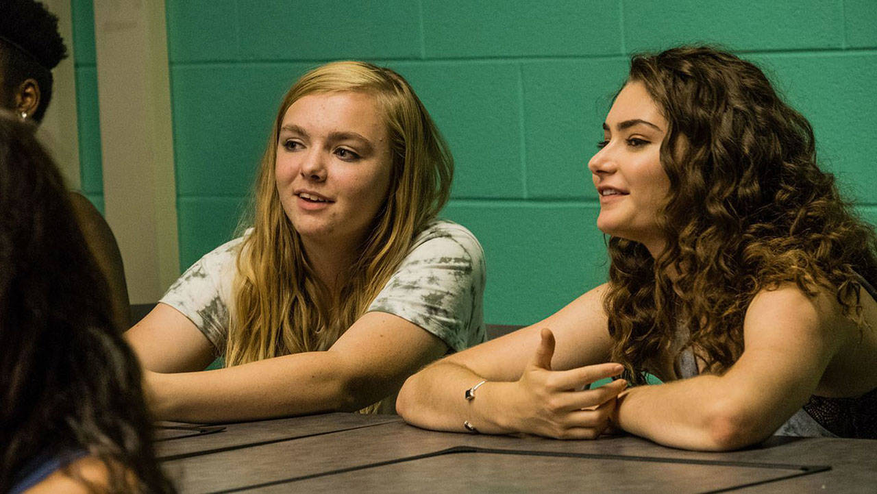 Elsie Fisher (left) and Emily Robinson in “Eighth Grade.” (A24)