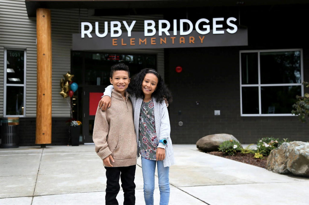 Nevaeh Liburd (right), a fourth-grader at the new Ruby Bridges Elementary School, with her third-grade brother, Ade Liburd. On Sept. 2, Nevaeh spoke with the school’s namesake, Ruby Bridges, during a virtual assembly. (Northshore School District photo)
