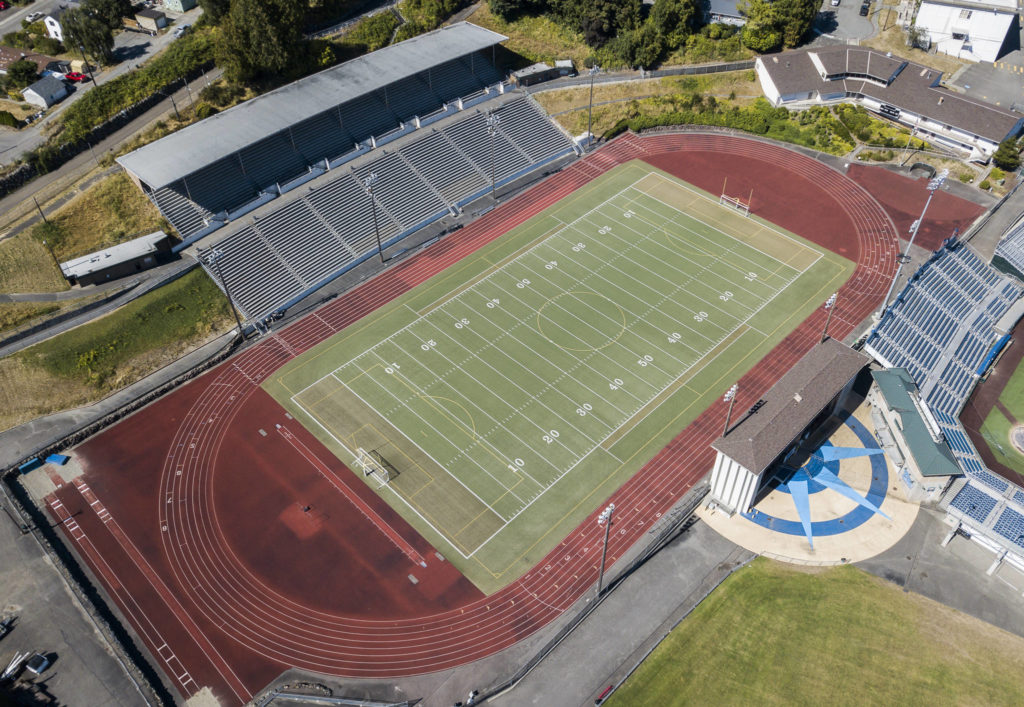 Instead of hosting a season-opening prep football game, Everett Memorial Stadium will be empty Friday night due to the COVID-19 pandemic. (Olivia Vanni / The Herald)
