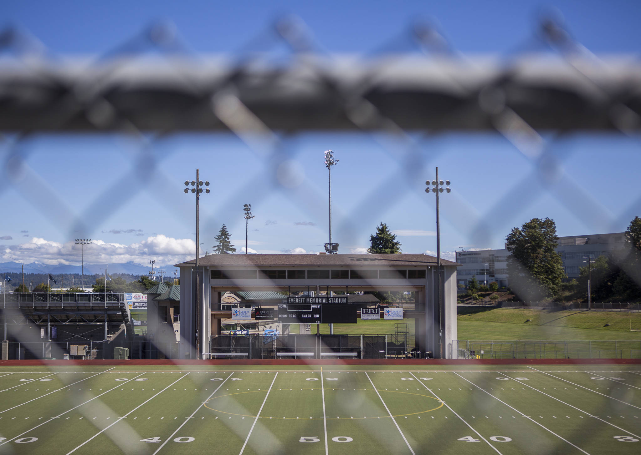 Instead of hosting a season-opening prep football game, Everett Memorial Stadium will be empty Friday night due to the COVID-19 pandemic. (Olivia Vanni / The Herald)