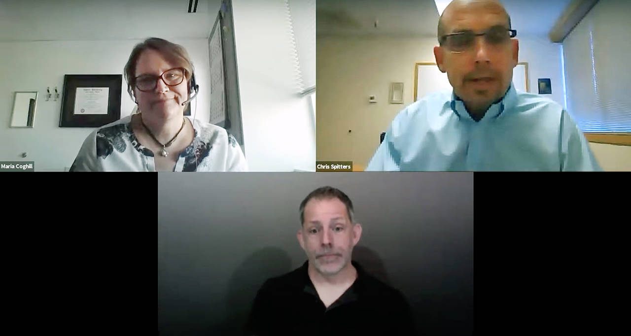 Maria Coghill (top left), Dr. Chris Spitters (top right) and sign language interpreter Eric Scheir at Tuesday’s online Snohomish County Health District COVID-19 briefing. (Snohomish County Health District)