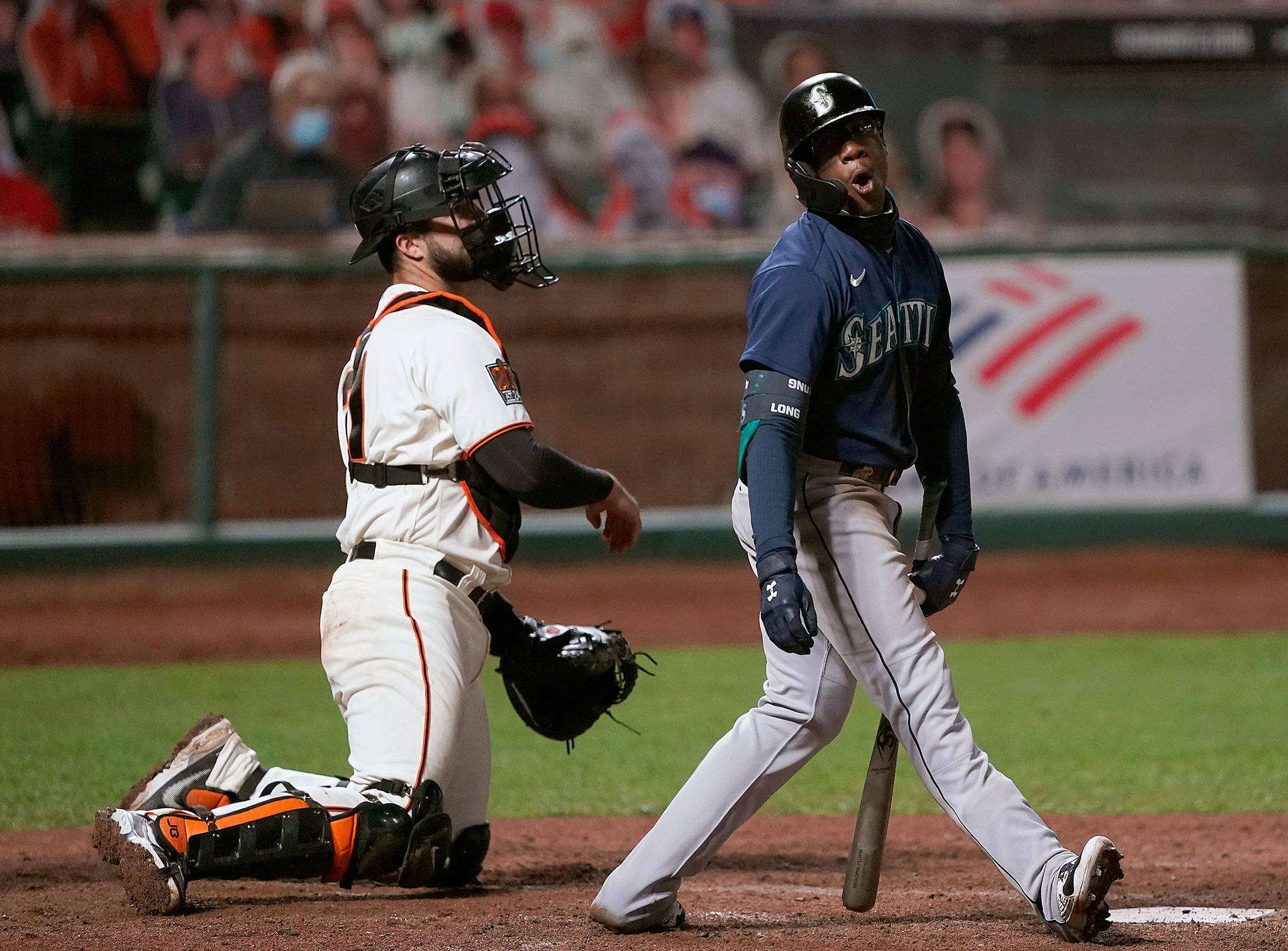 The Mariners’ Shed Long Jr. reacts after striking out against the Giants during the sixth inning of a game Sept. 8, 2020, in San Francisco. (AP Photo/Tony Avelar)
