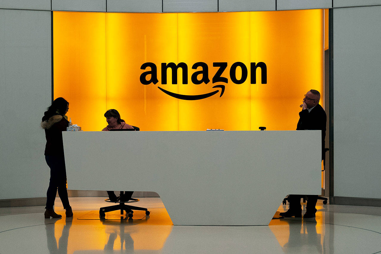 The lobby of Amazon offices in New York. (AP Photo/Mark Lennihan, File)