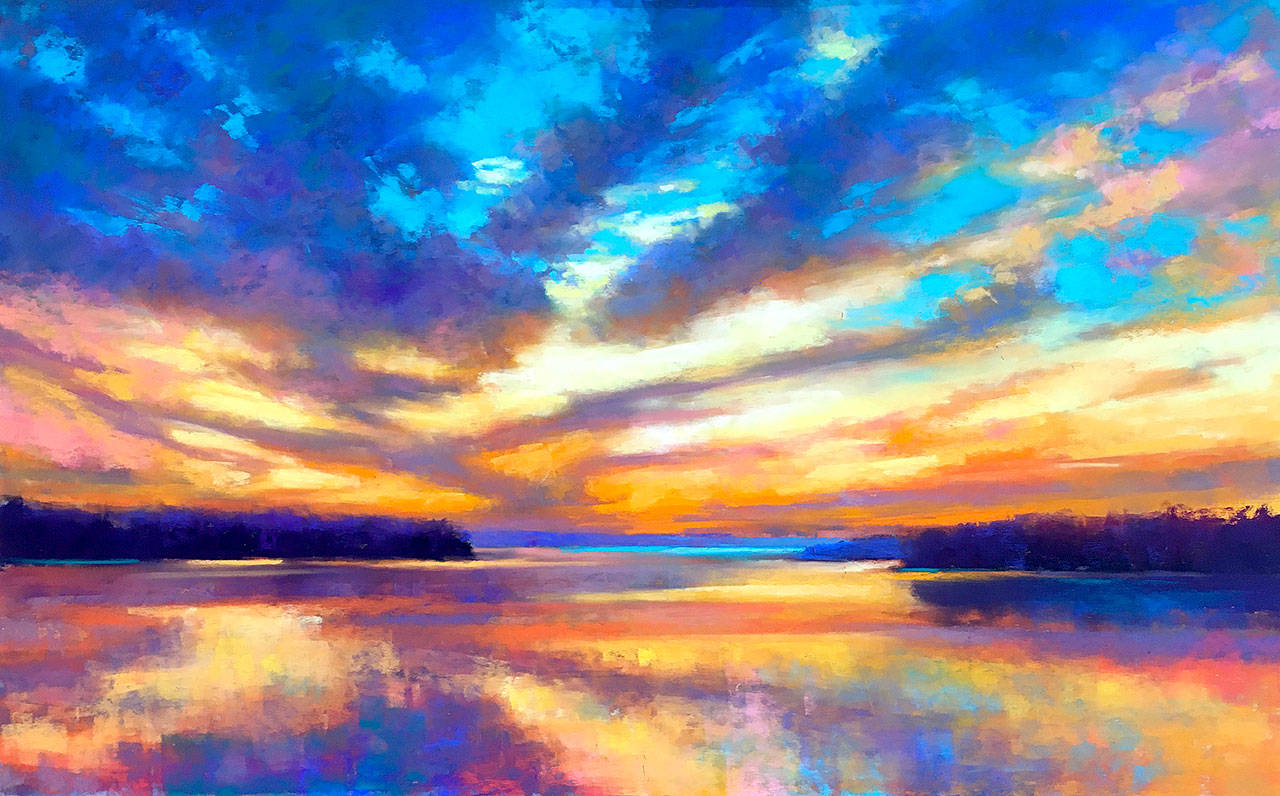 See new paintings by Teresa Saia, including “A New Day Dawning,” through Sept. 28 at the Rob Schouten Gallery & Sculpture Garden in Langley.