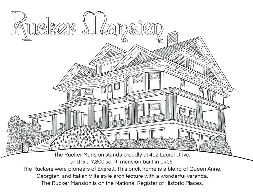 Each page of the coloring book includes a short description of the building’s historical significance to the city. Here is an illustration from the book of the Rucker Mansion. (Historic Everett)
