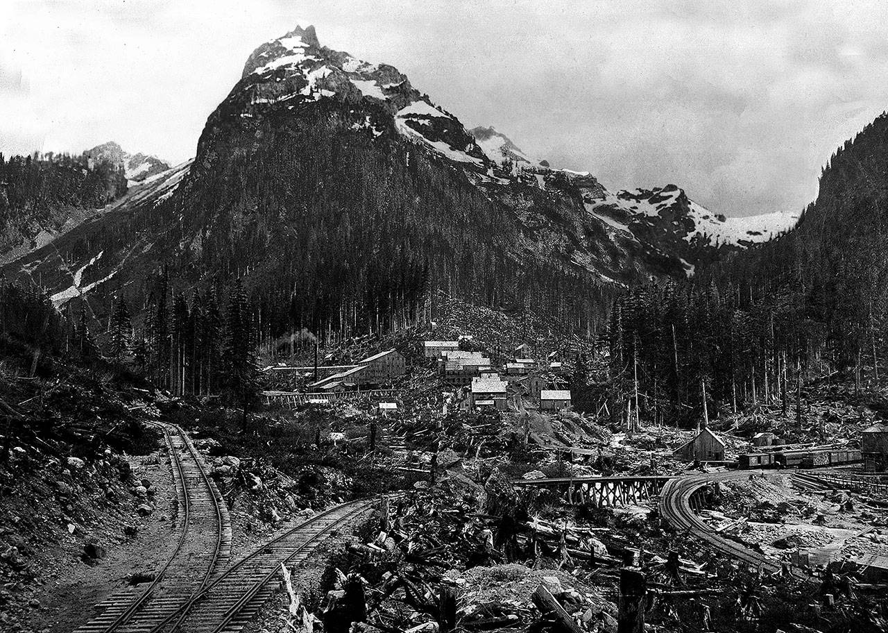 Monte Cristo is seen in 1894 with Wilman’s Peak in the background. In the late 1890s, prospectors staked gold and silver mine claims in the east Snohomish County town. (Courtesy of David Cameron historical photo collection)