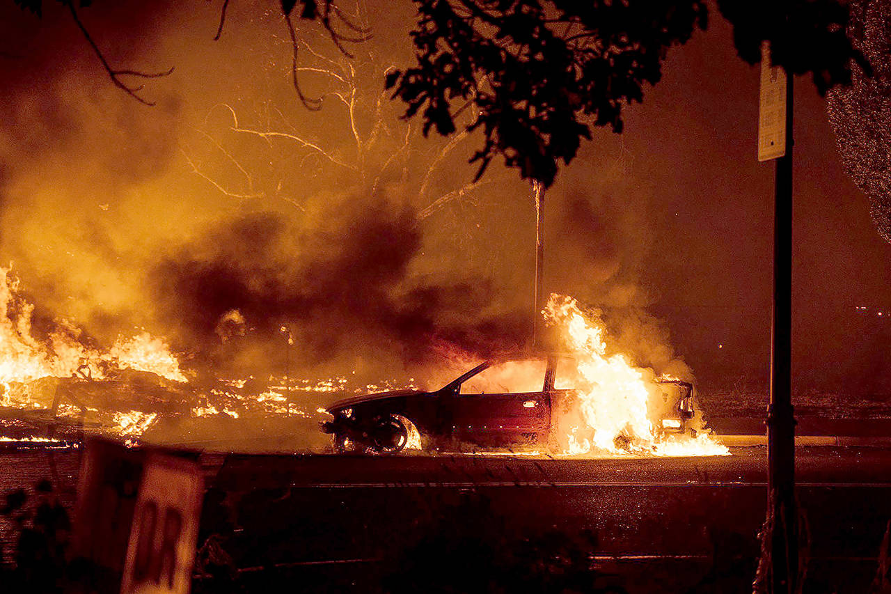 Wildland fires ravaged the central Oregon town of Talent, near Medford, late Tuesday. (Kevin Jantzer via AP)
