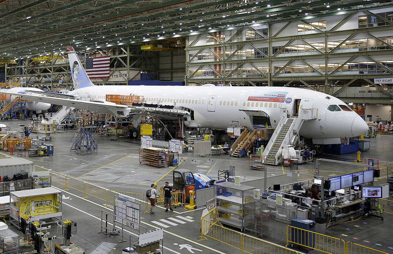 A Boeing 787 at the Boeing Co.’s assembly facility at Paine Field in Everett. (AP Photo/Ted S. Warren, File)