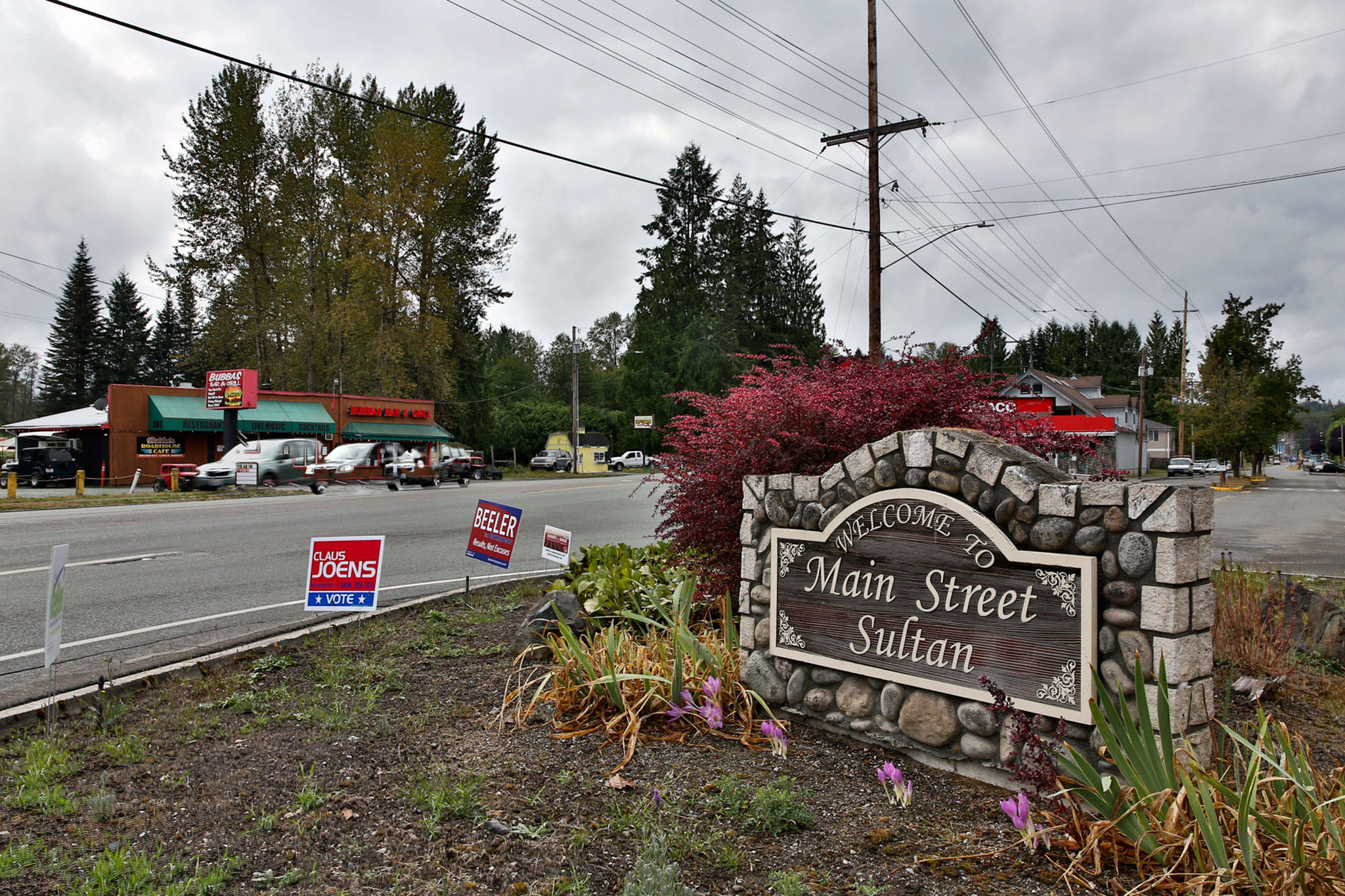 Sultan and WSDOT are considering a roundabout at Main Street and U.S. 2. Only a stop sign from Main Street to the highway exists now. (Kevin Clark / The Herald)
