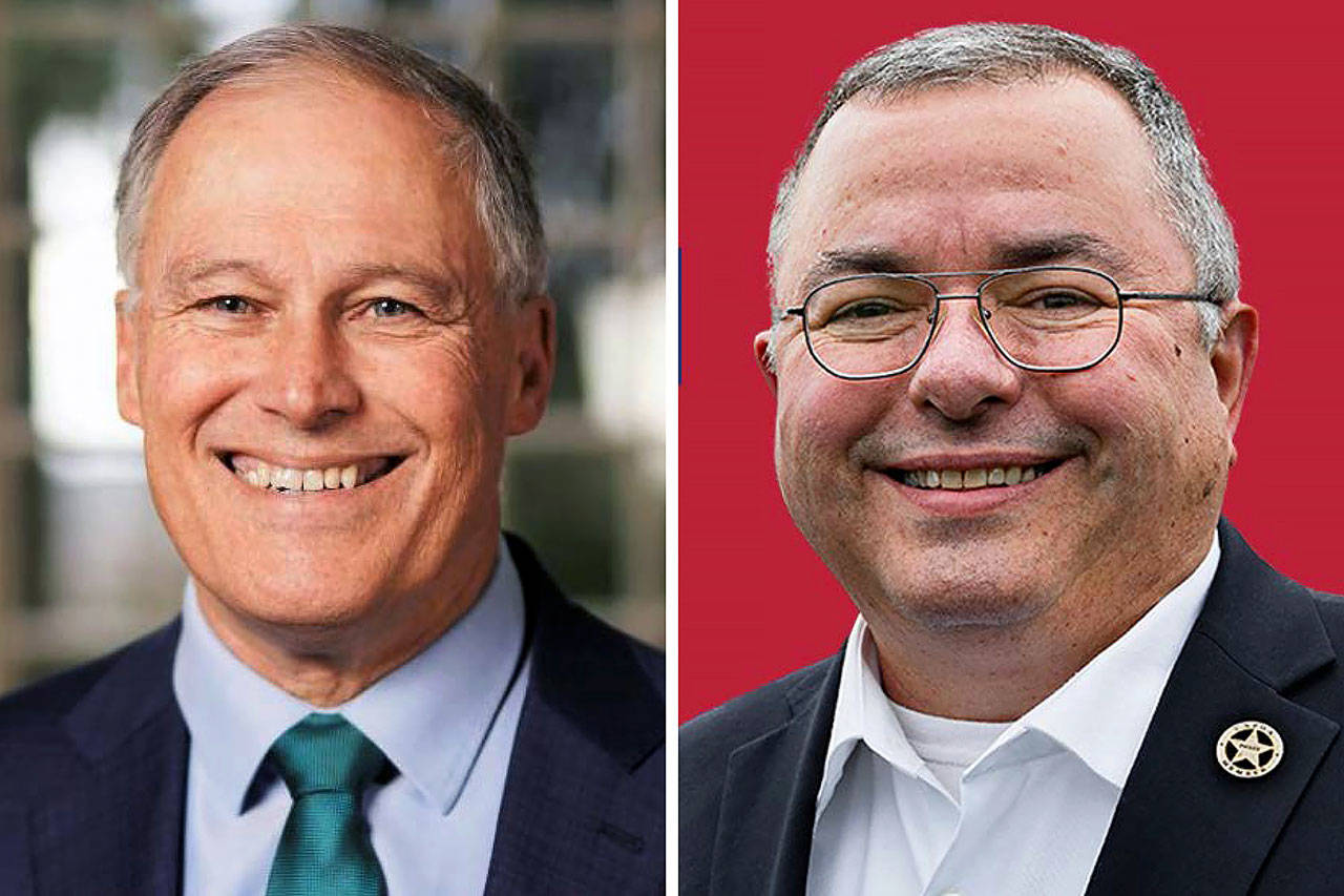 Washington Gov. Jay Inslee (left) and Republic Police Chief Loren Culp will debate on TV on Oct. 7.